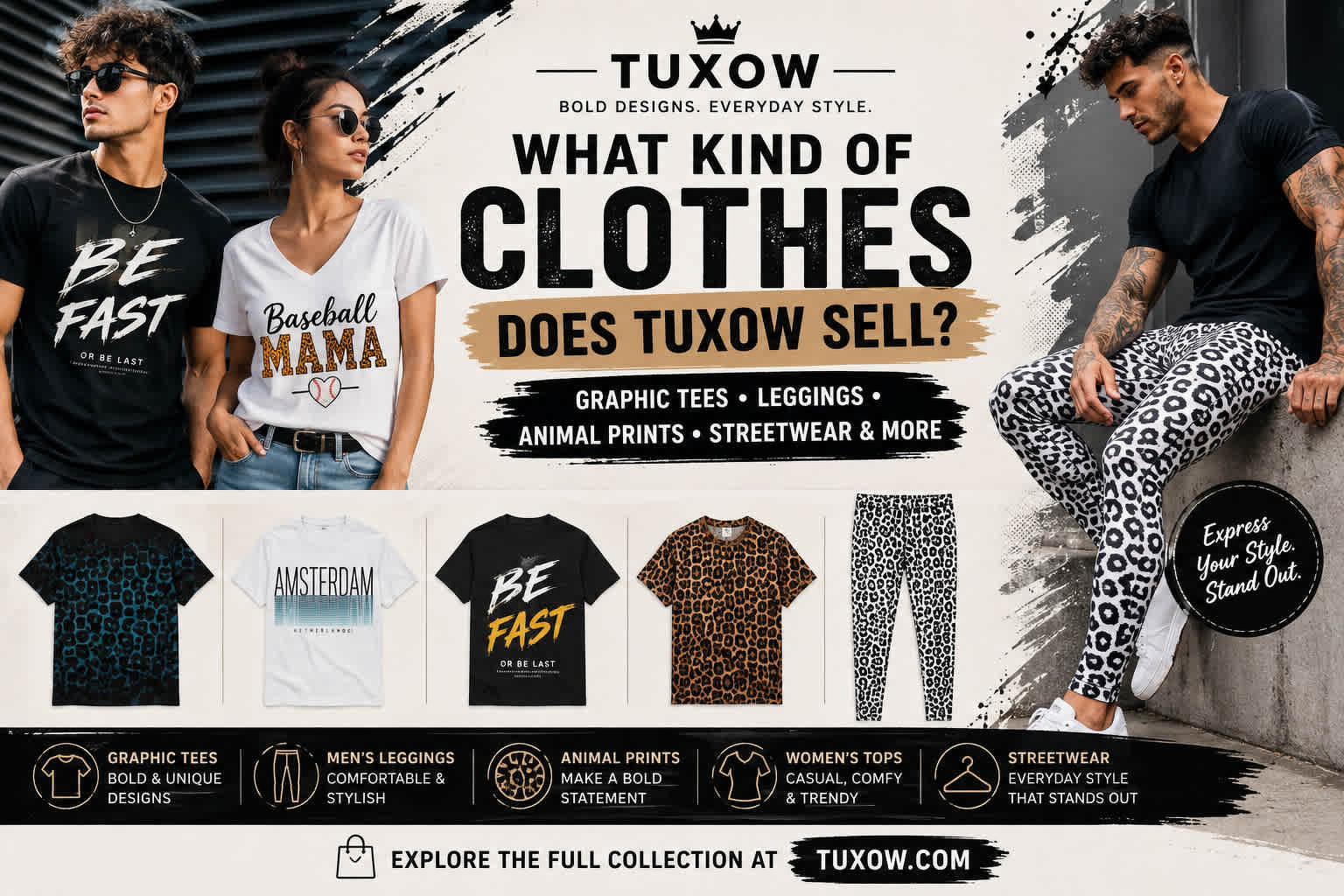Tuxow offers graphic tees, leggings, animal prints, streetwear, and other bold and trendy clothing styles for everyday wear.