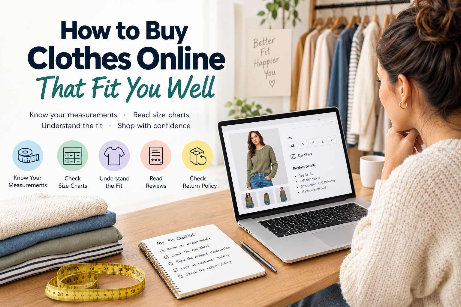 Auto-generated description: A woman is sitting at a desk with a laptop, measuring tape, folded clothes, checklist, and notes, learning how to buy clothes online that fit well by following tips like knowing measurements, checking size charts, understanding fit, reading reviews, and checking return policies.